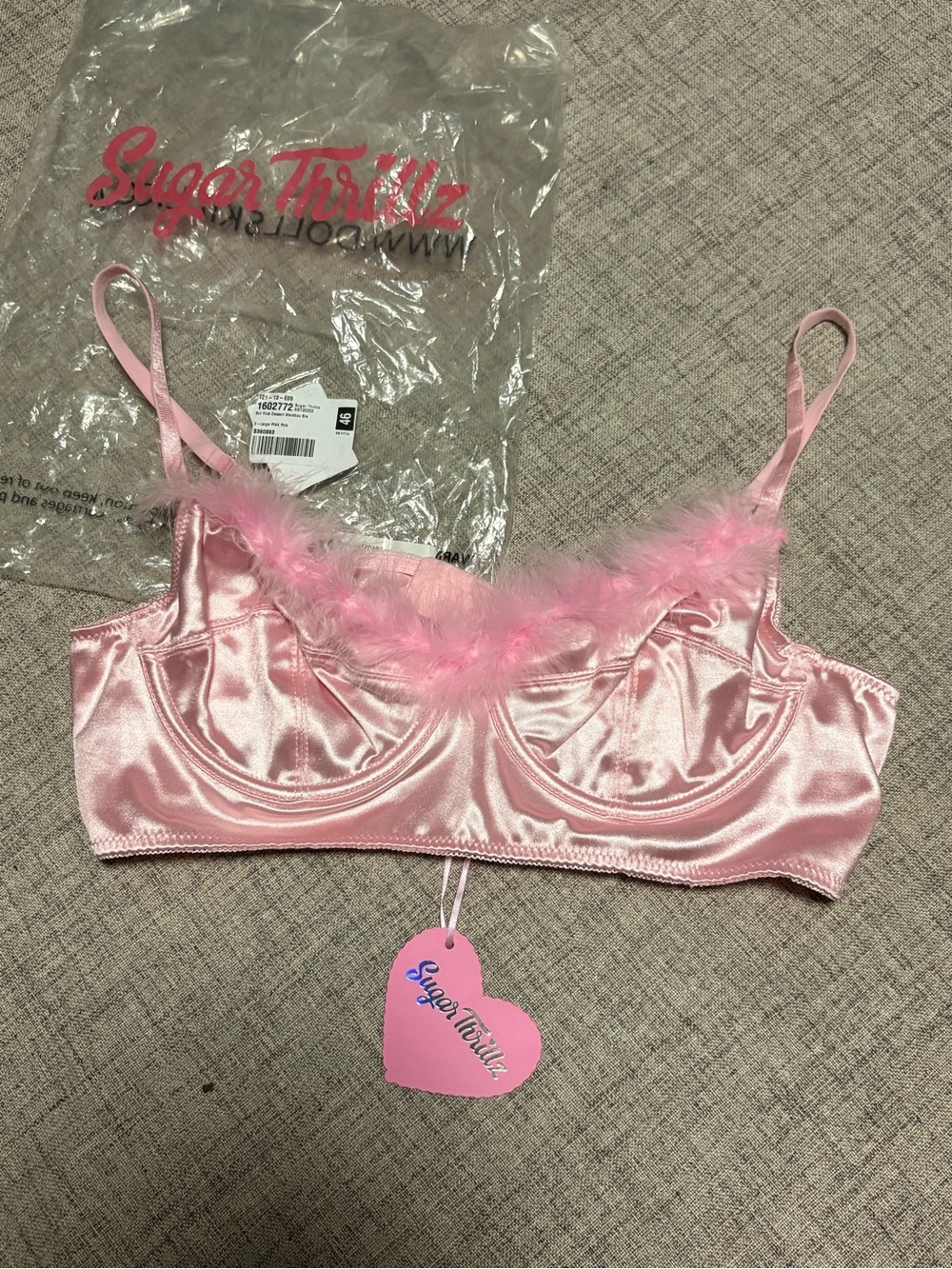 Sugar Thrillz Pink Satin Feather-Trim Bralette Top